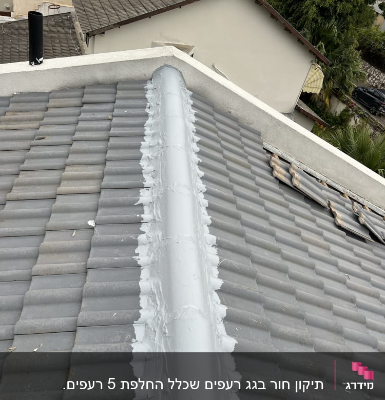 רעפים אפורים עם איטום לבן על גג